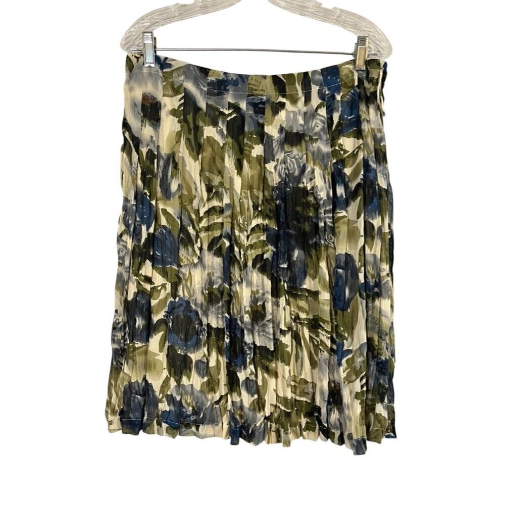 Retro Floral Earthy Midi Skirt 14 Blue Crinkle Tropical Resort Preppy Artsy Chic